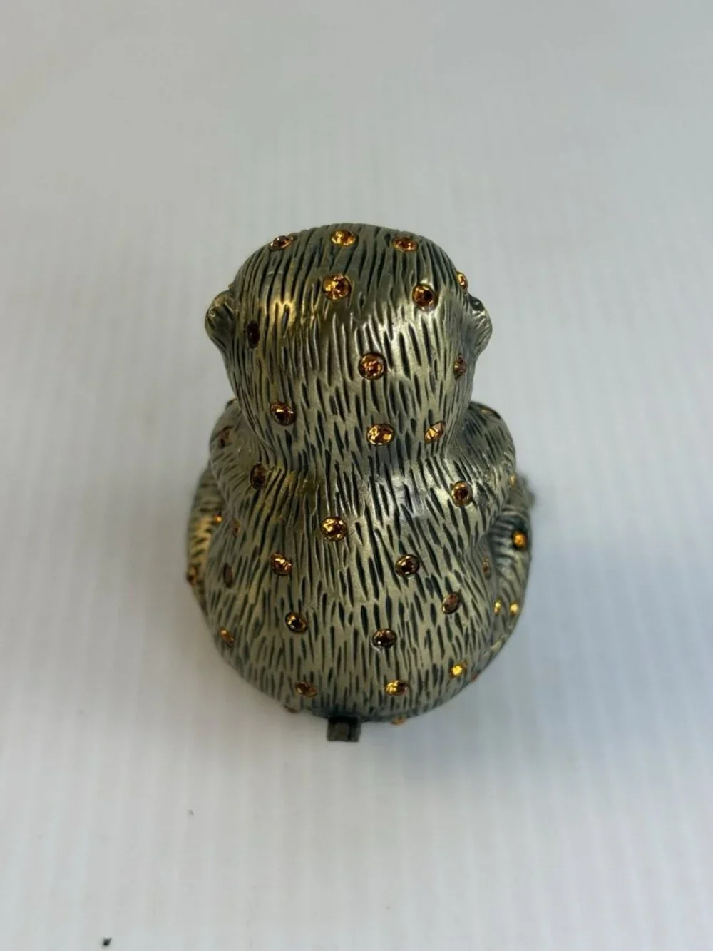 Vintage Cast Brass Monkey Trinket Dish Figurine Amber Rhinestone Crystals Heavy